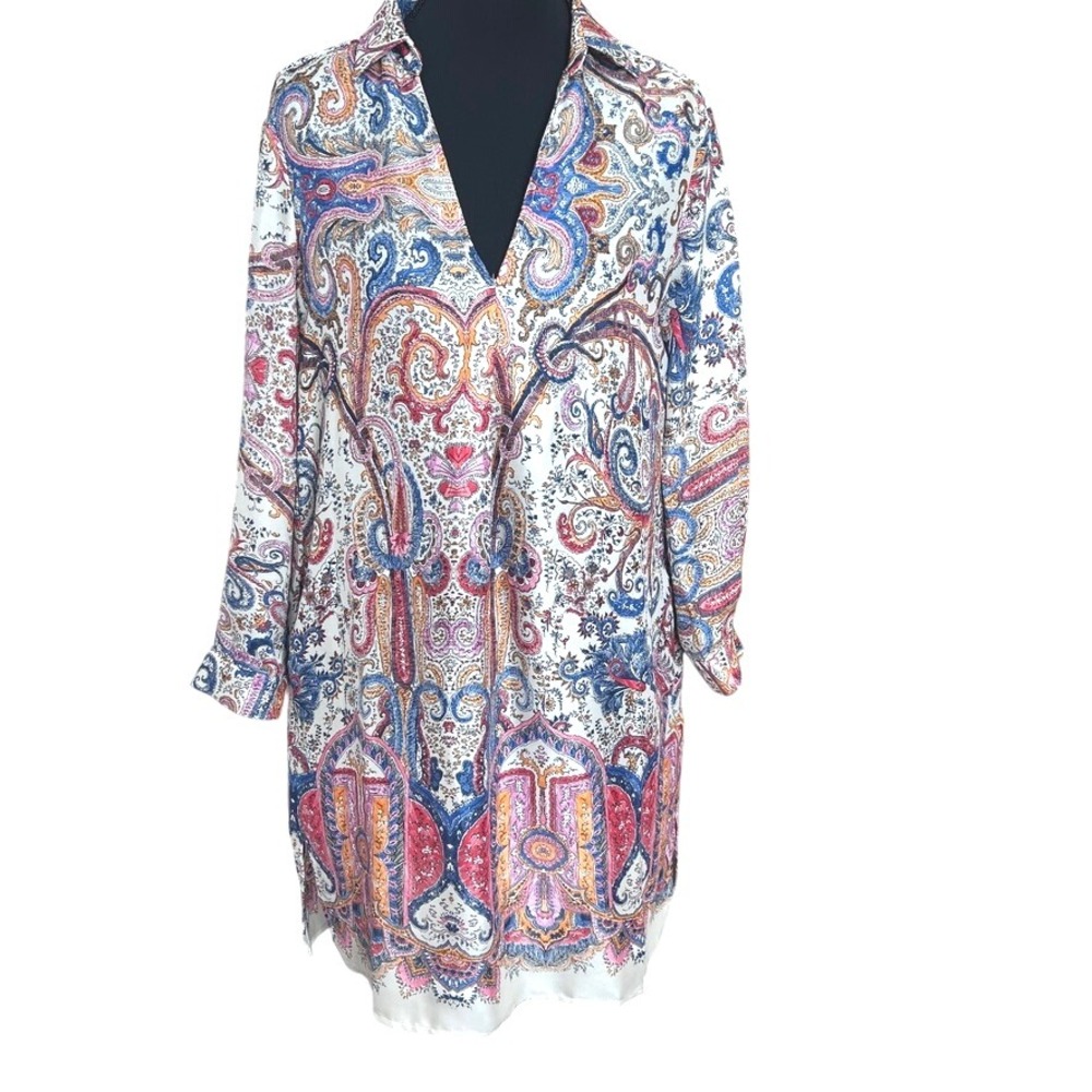 ZARA BASIC Satiny Shirt Dress Tunic Women S Paisley Print V Neck‎ Boho Hippie